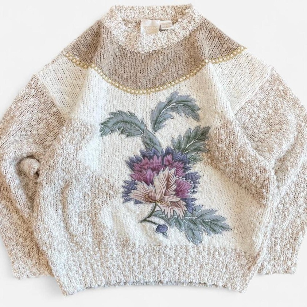 Vintage Needles & Yarn Tan Cream Boucle Knit Sweater wEmbroidered Floral Flowers
